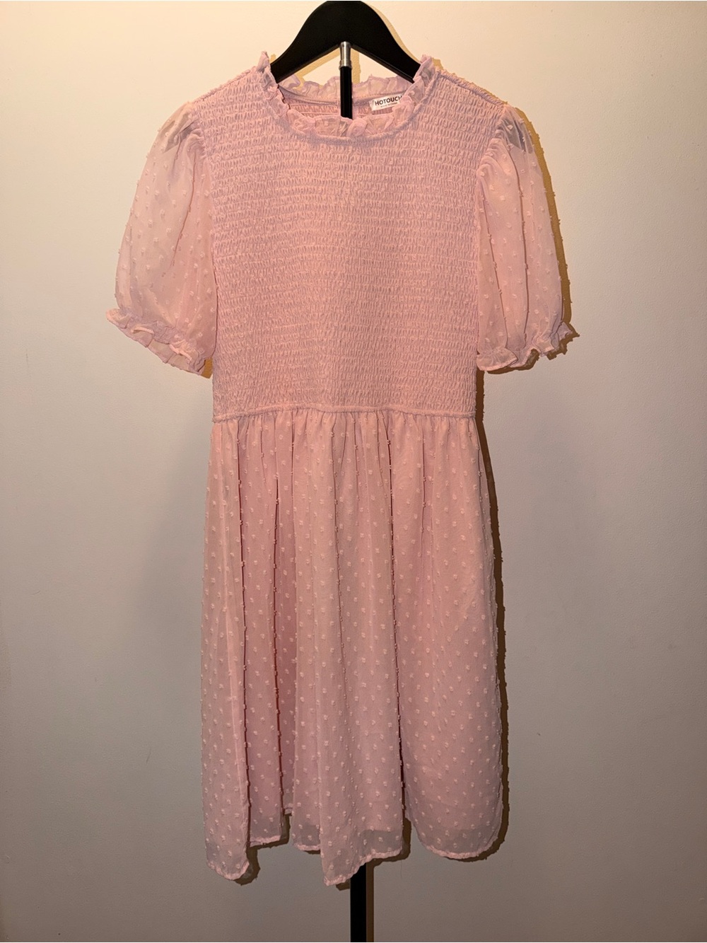 Blush Pink Swiss Dot Smocked Midi Dress Puff Sleeve